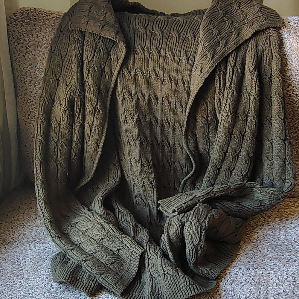 Talbots Cozy Cable Knit Cardigan Sweater Dark Olive Green Size P.